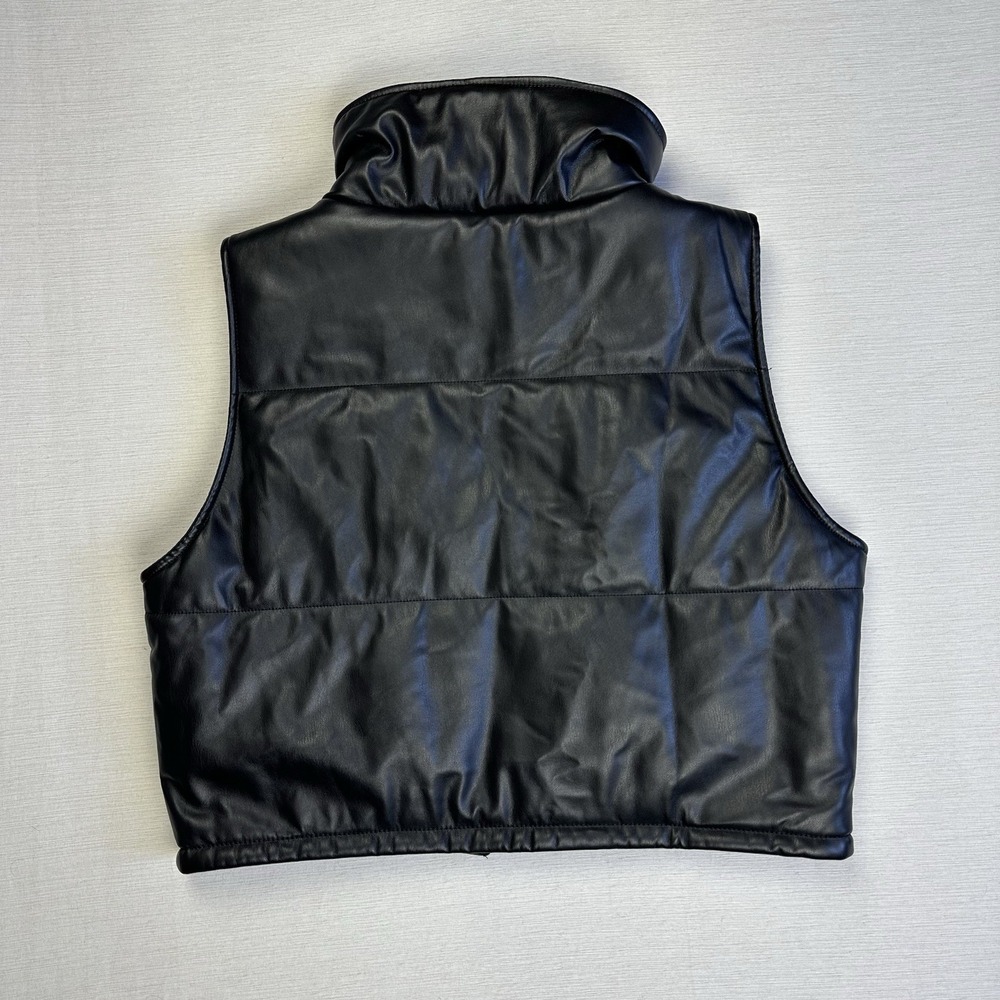 NWT Anthropologie Vest Black Faux Leather Quilted Puffer Full Zip Crop Women S - Picture 9 of 10